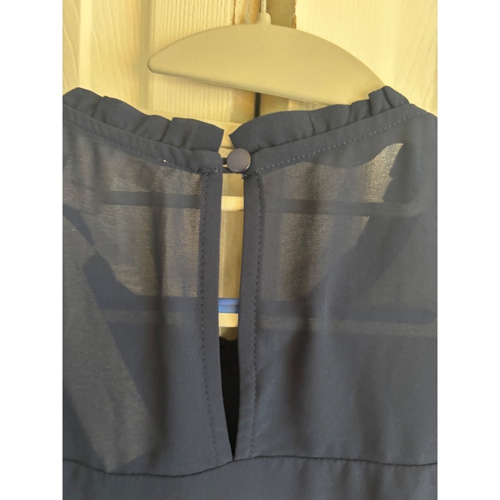 NWT Monteau Navy Blue Chiffon Tunic Blouse Medium Ruffle Neck Sheer - Picture 10 of 11